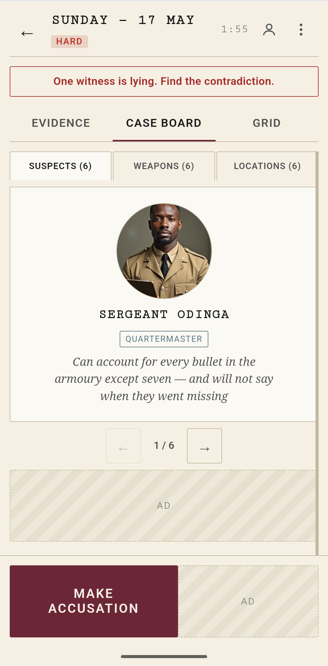 Case board showing suspect cards with details